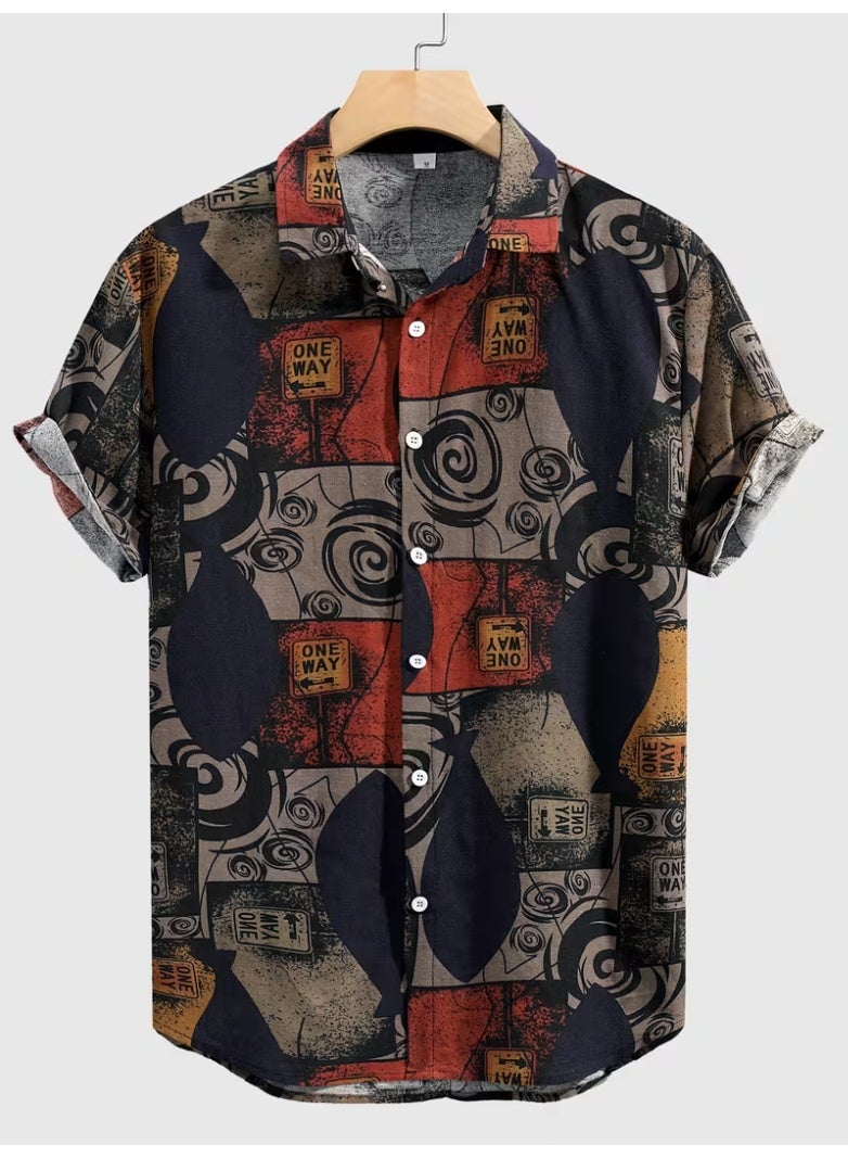 Men's -Inspired Casual Short Sleeve Shirt - Lightweight Summer Text Print ( Kanji/Manji/Seijō) Button-Up Blouse, Traditional Fabric (Hemp/-like) for Beach, Themed Events & Casual Attire - Image 1